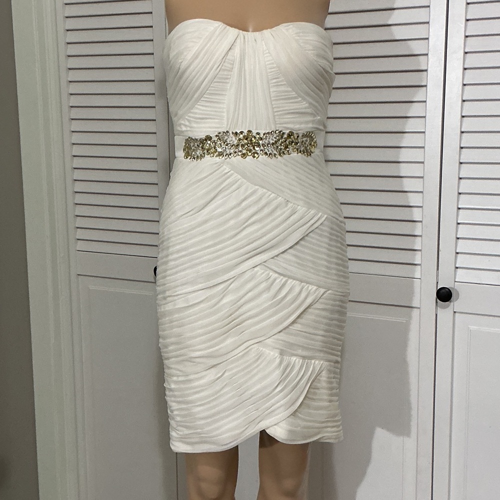 Cache Strapless Ivory Cocktail Dress with Gold Waist Detail